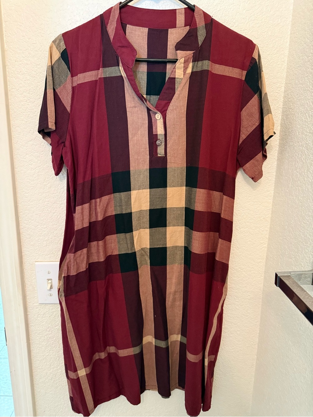 Women's Burgundy Plaid Tunic Dress with Short Sleeves